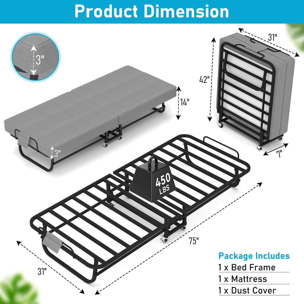Folding Bed with Mattress on Wheels J672