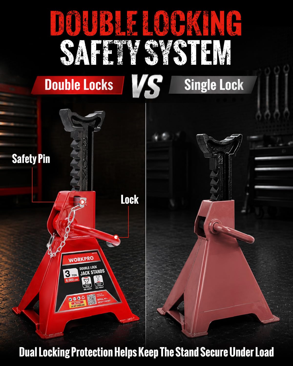 3 Ton Jack Stands with Double Lock, 1 Pair E605