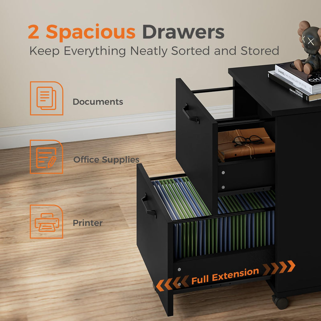 Black 2 Drawer Rolling Wood Filing Cabinet Q6877