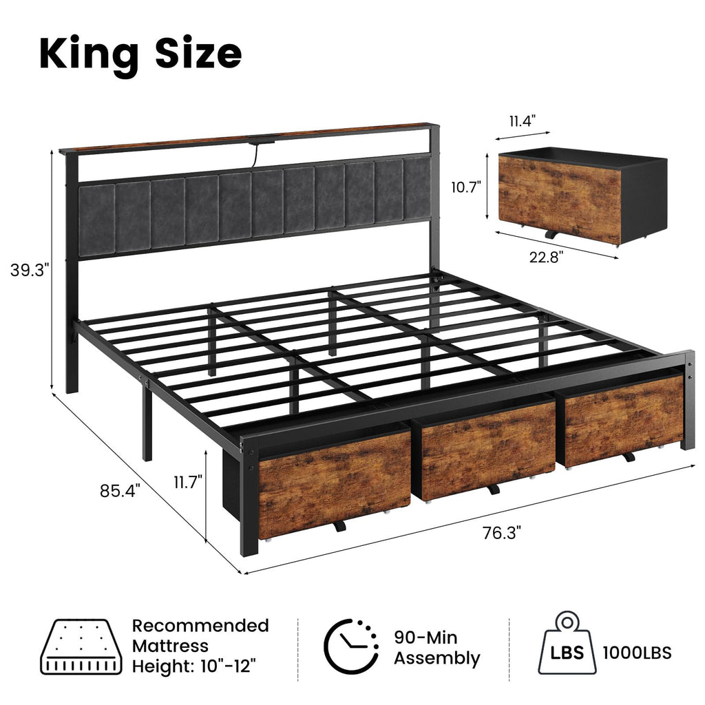 King Size Bed Frame with Storage Headboard and 3 Drawers T732