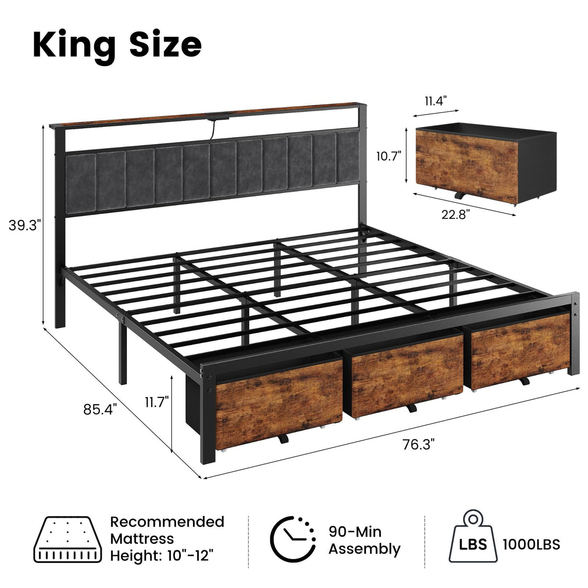 King Size Bed Frame with Storage Headboard and 3 Drawers T732