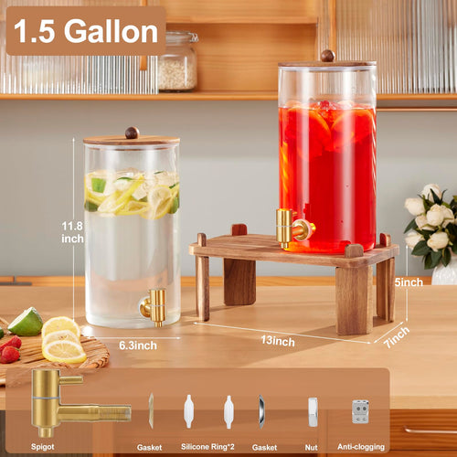 2pcs 1.5 Gallon Glass Drink Dispenser with Wood Stand O50280