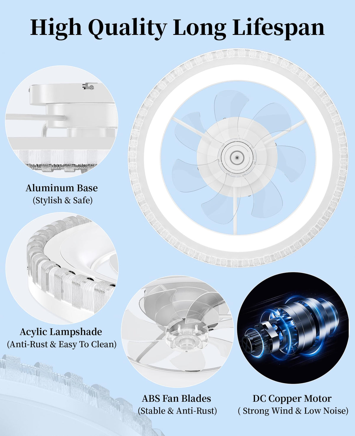 20" White Flush Mount Ceiling Fan with Light V69928