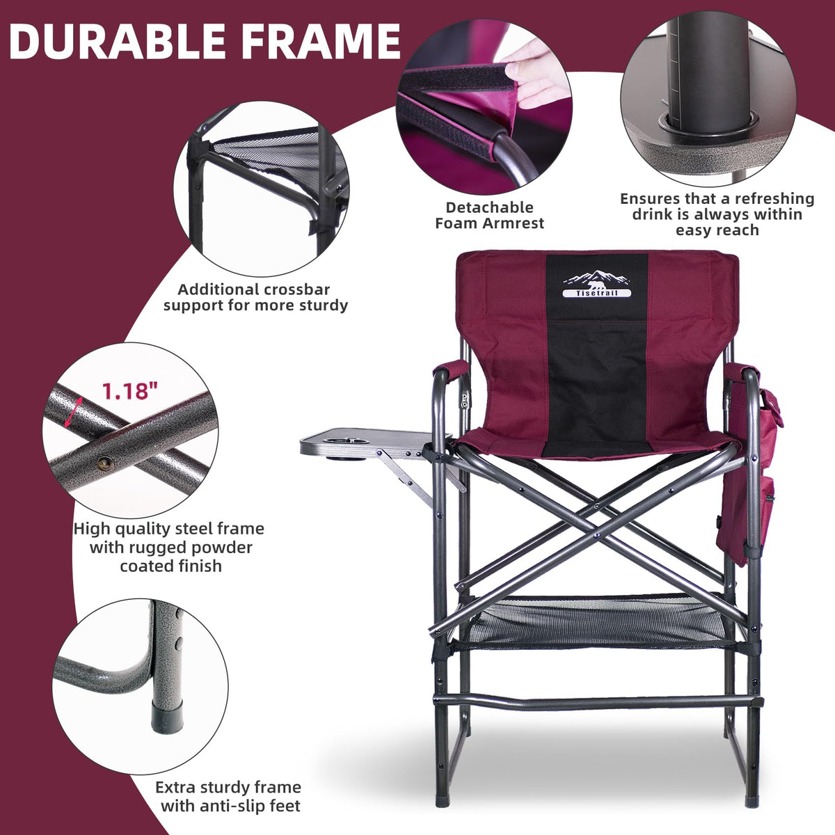 Wine Red Black Bar Height Folding Chair with Side Table M44036