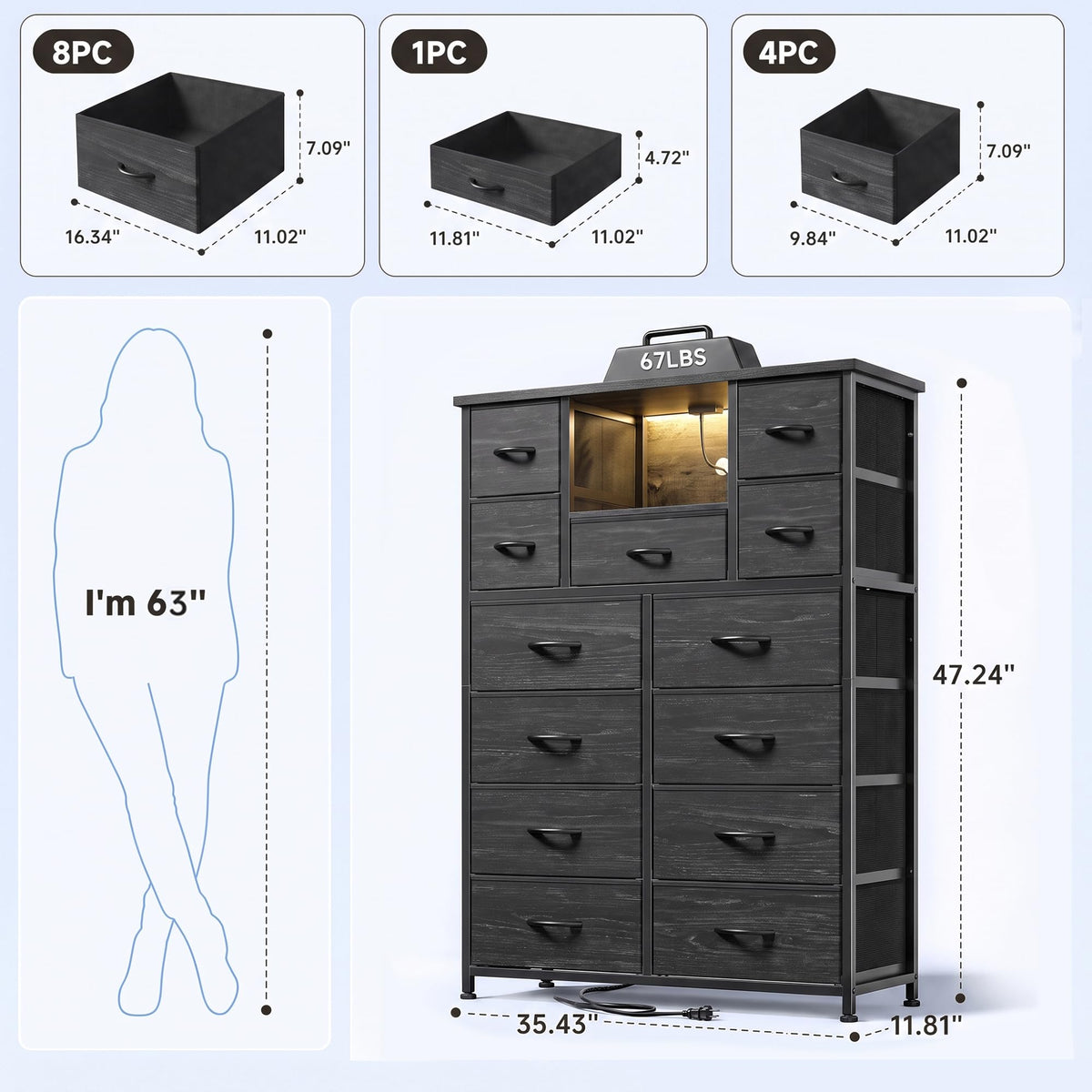Black 13 Drawer Dresser with Charge Station and LED Light Z371416