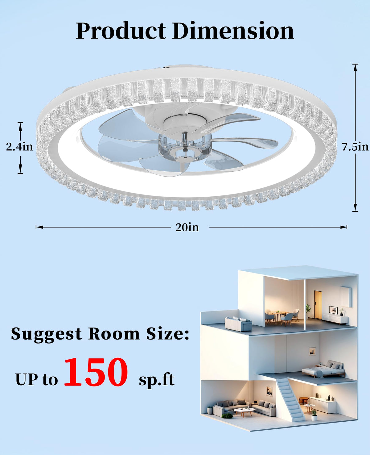 20" White Flush Mount Ceiling Fan with Light V69928