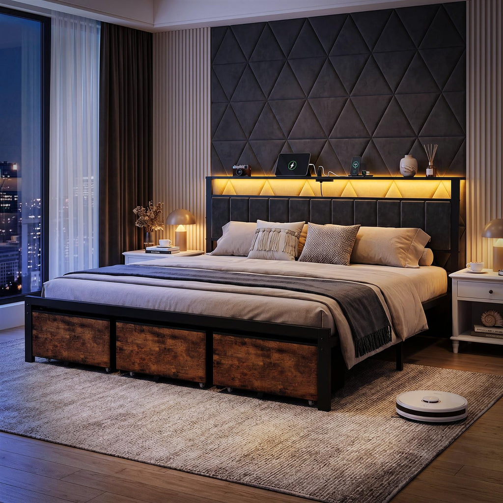King Size Bed Frame with Storage Headboard and 3 Drawers T732