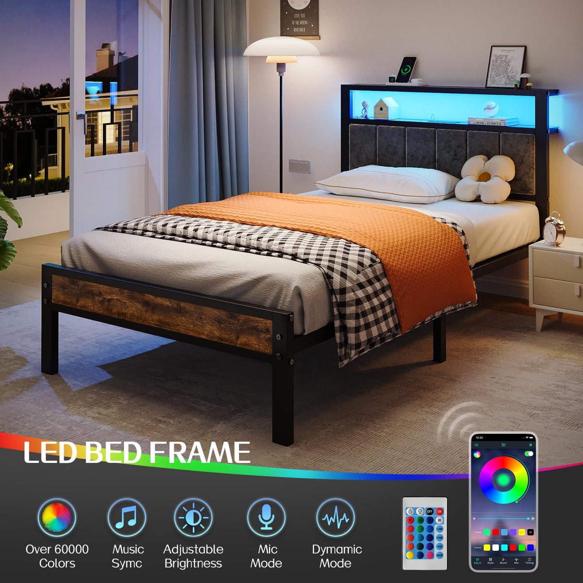 Twin Size Grey Upholstered Bed Frame R309