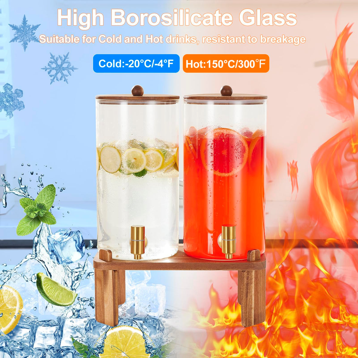 2pcs 1.5 Gallon Glass Drink Dispenser with Wood Stand O50280