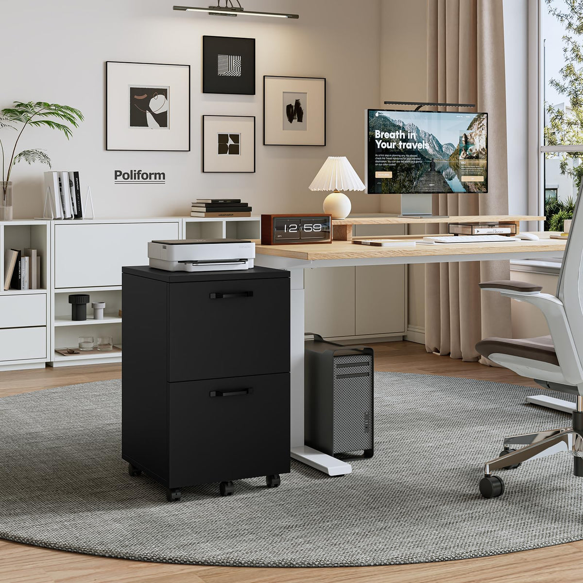 Black 2 Drawer Rolling Wood Filing Cabinet Q6877