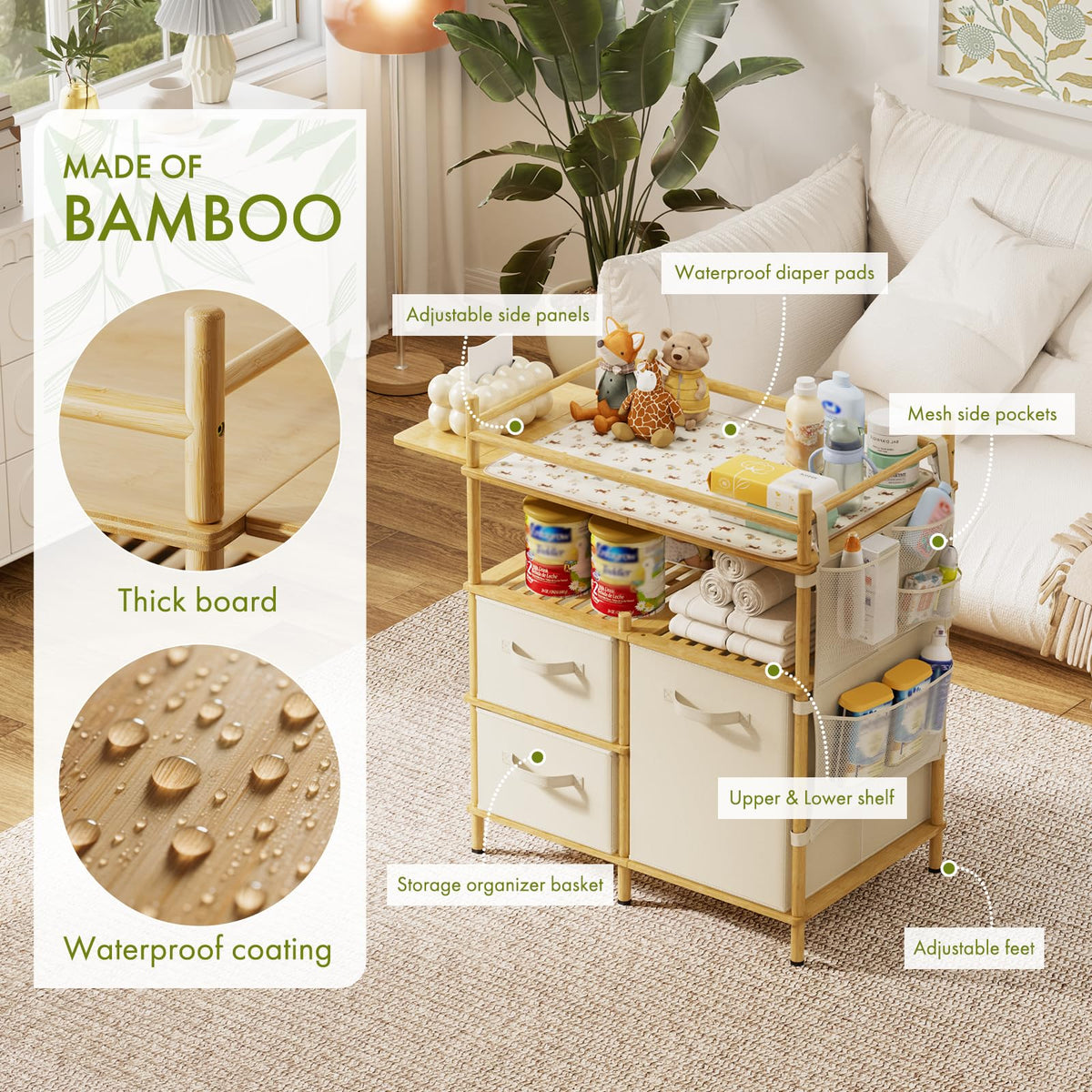 Bamboo Baby Changing Table with 3 Drawers C491