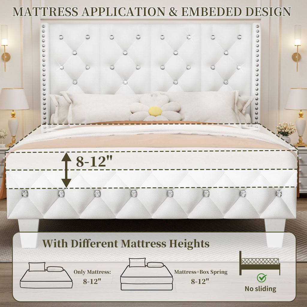 White Upholstered Full Size Bed Frame with Headboard M884