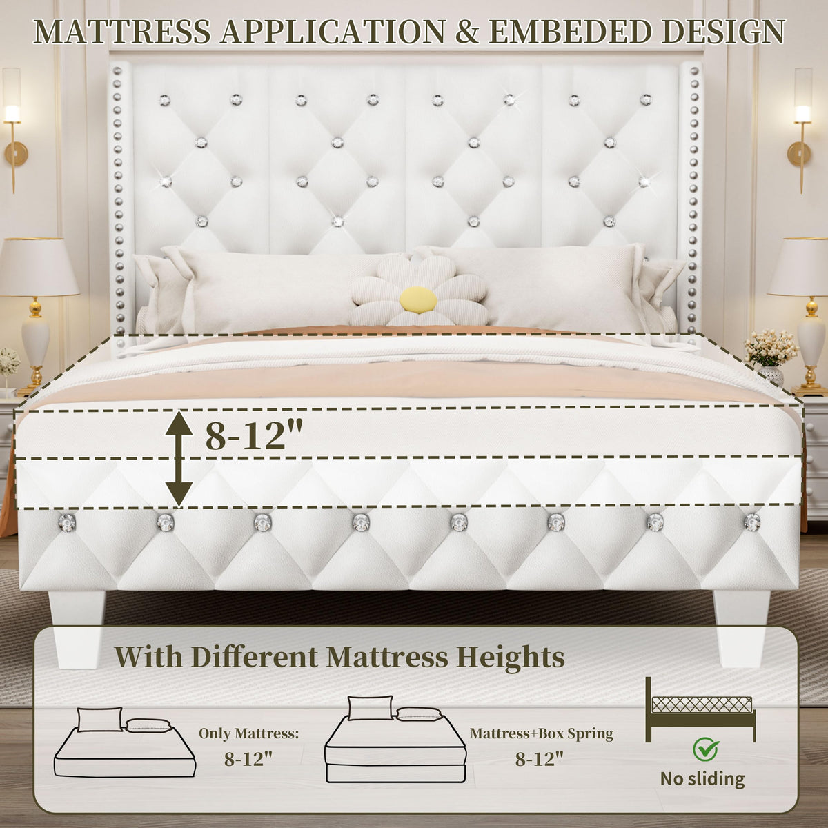 White Upholstered Full Size Bed Frame with Headboard M884