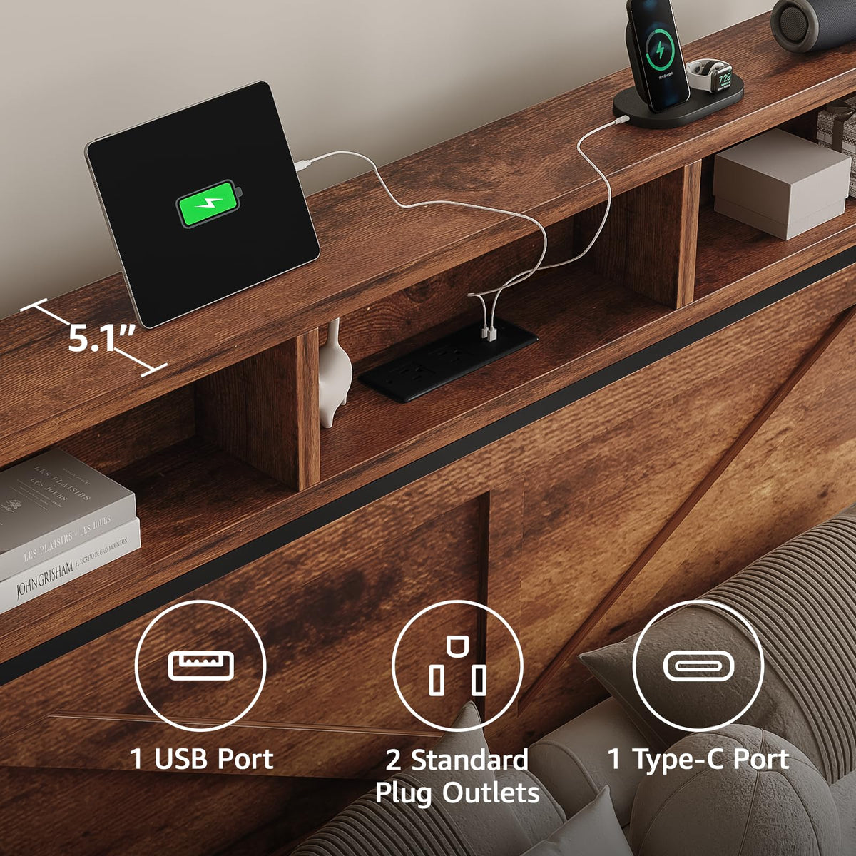 King Size Bed Frame with Storage Drawers and Charging Station Y301219