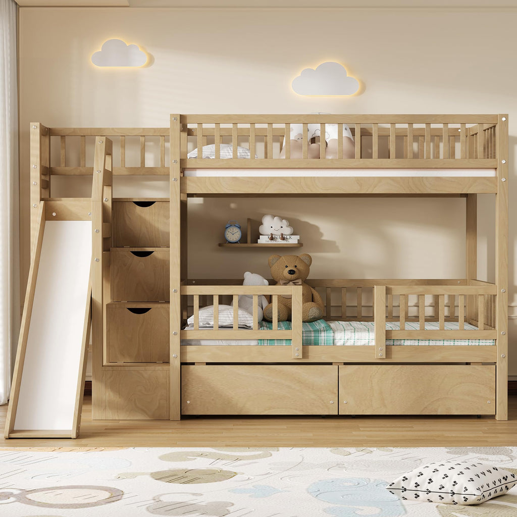 Twin Over Twin Bunk Bed with Slide and Storage Drawers U418513