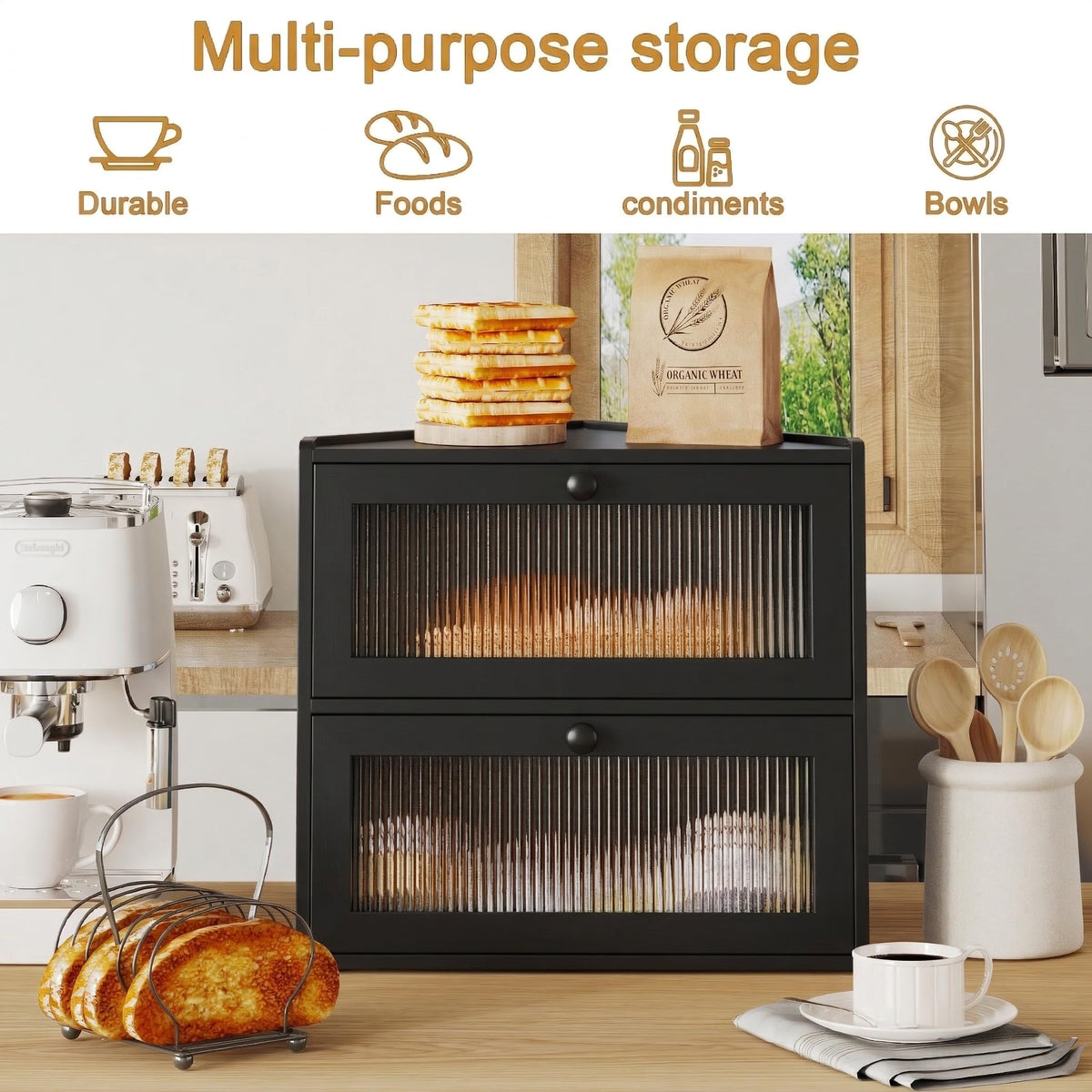 Double Layer Bamboo Bread Box with Wavy Windows F901