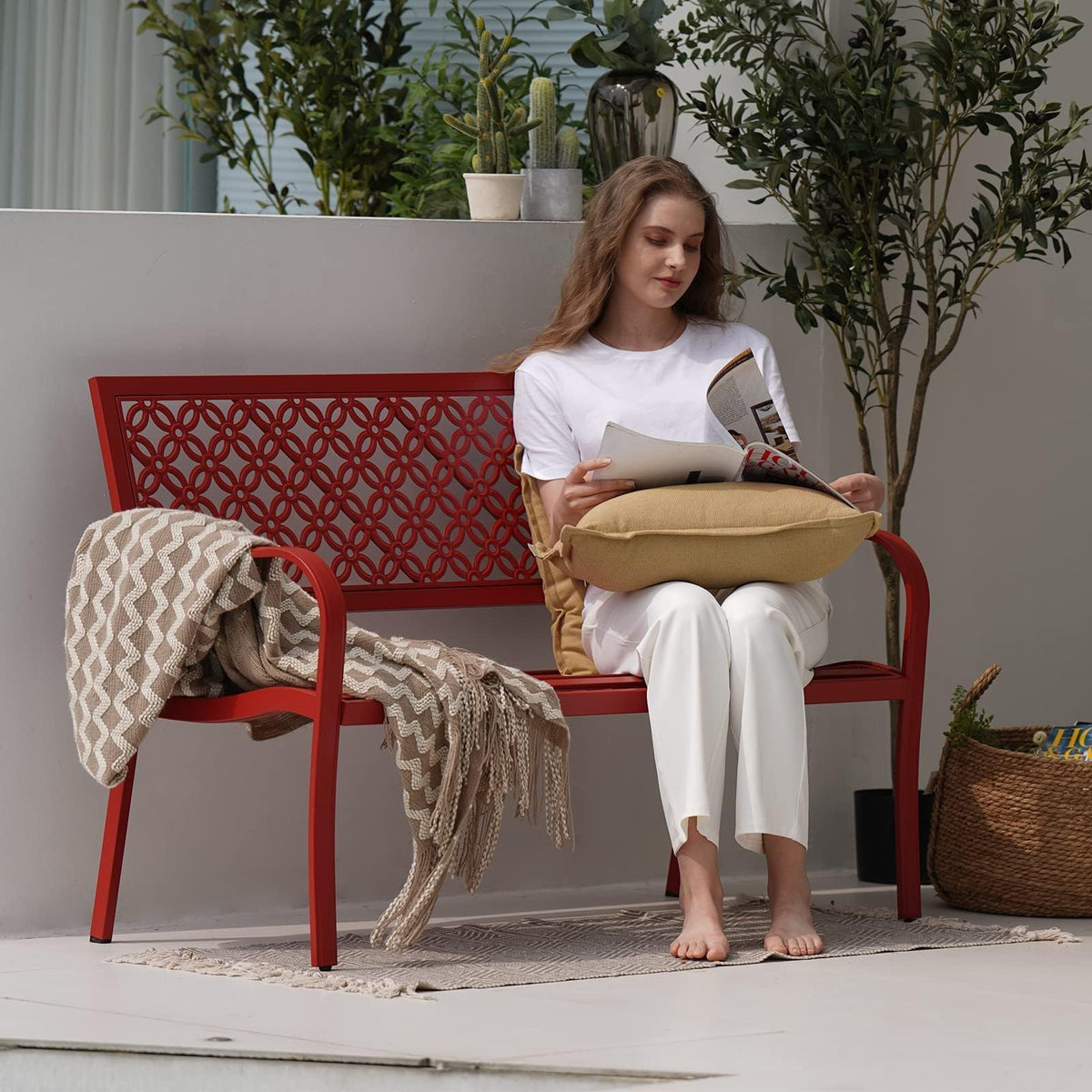 Cherry Red Metal Garden Bench R914878