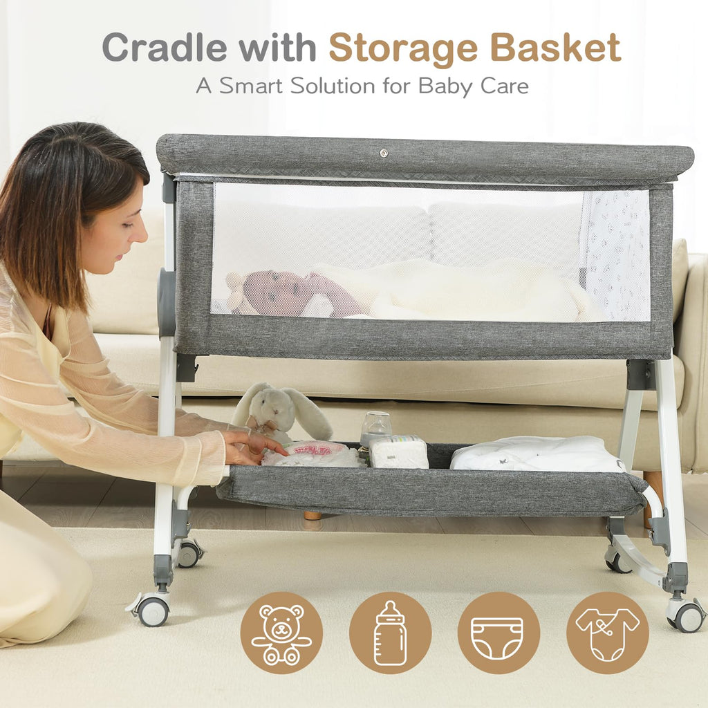 Portable Bedside Bassinet with Waterproof Mattress, Grey Q15811