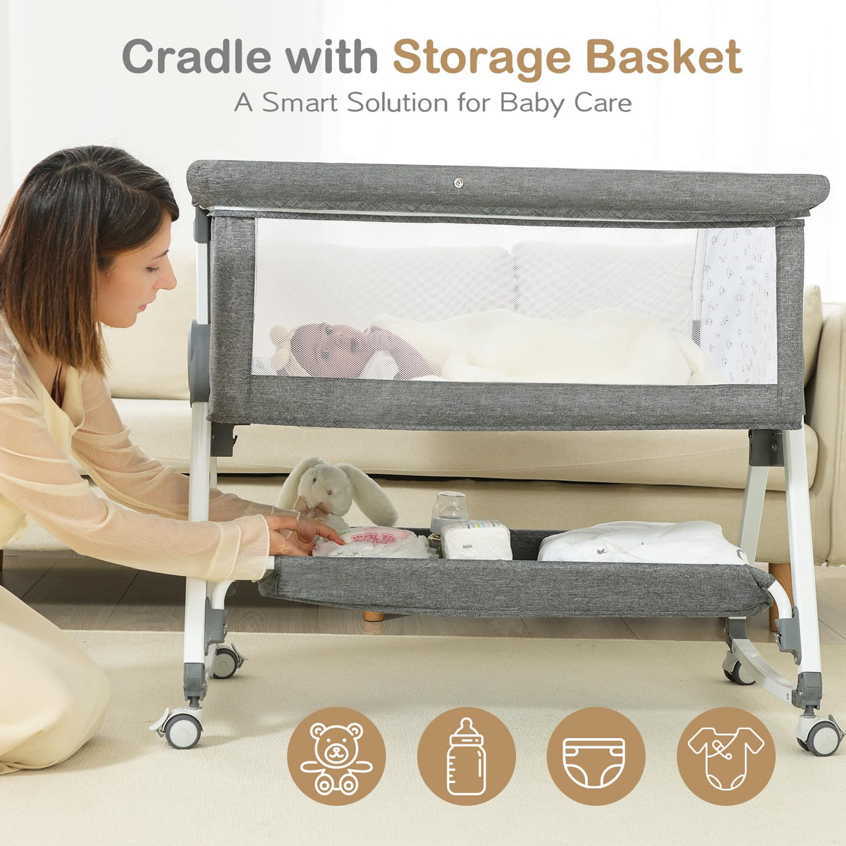 Portable Bedside Bassinet with Waterproof Mattress, Grey Q15811