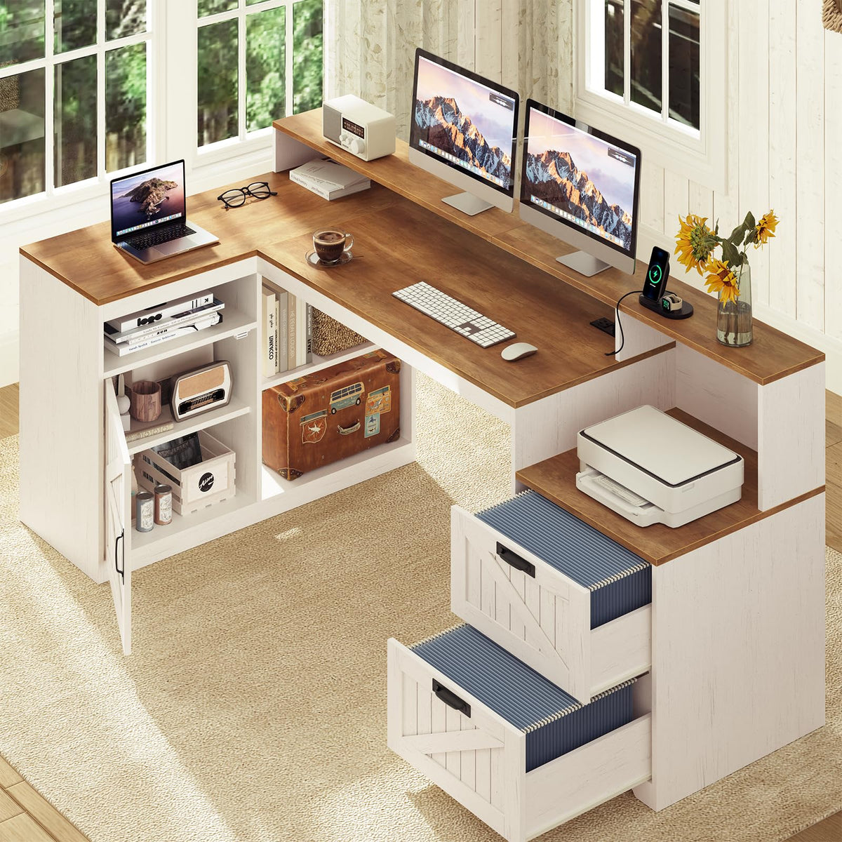 63" L Shaped Desk with Drawers and Printer Stand L662