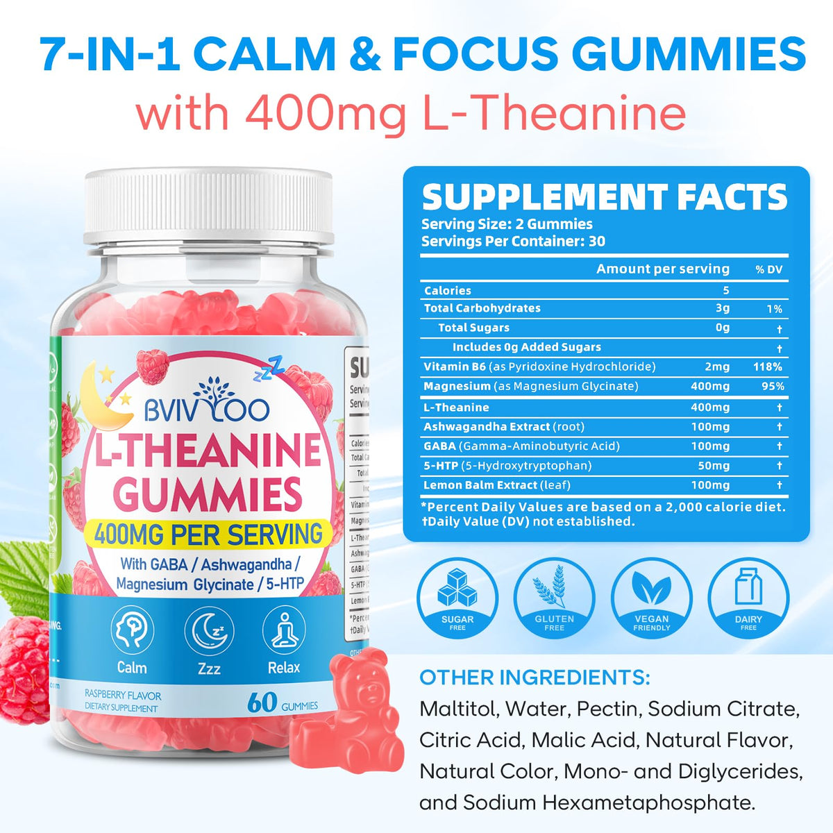 L-Theanine Gummies with Ashwagandha, GABA, 5-HTP, Magnesium Glycinate, Raspberry, 60 Count A52164