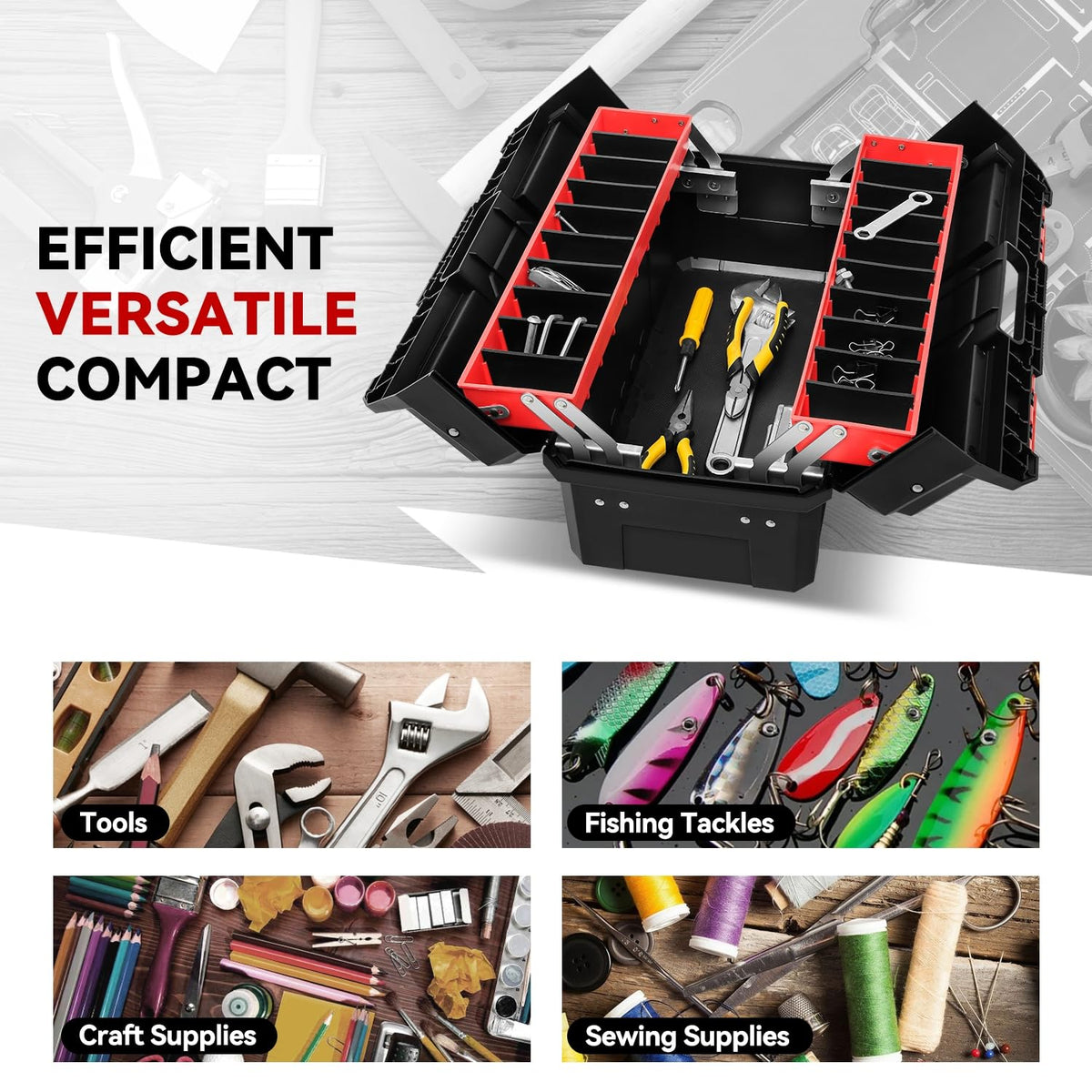 Foldable 2-layer Tool Box with Non-Slip Handle Tray Storage, Red M332188