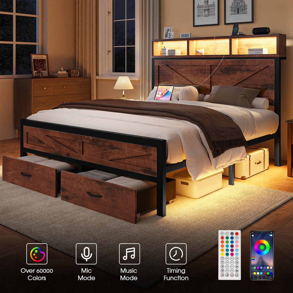 King Size Bed Frame with Storage Drawers and Charging Station Y301219