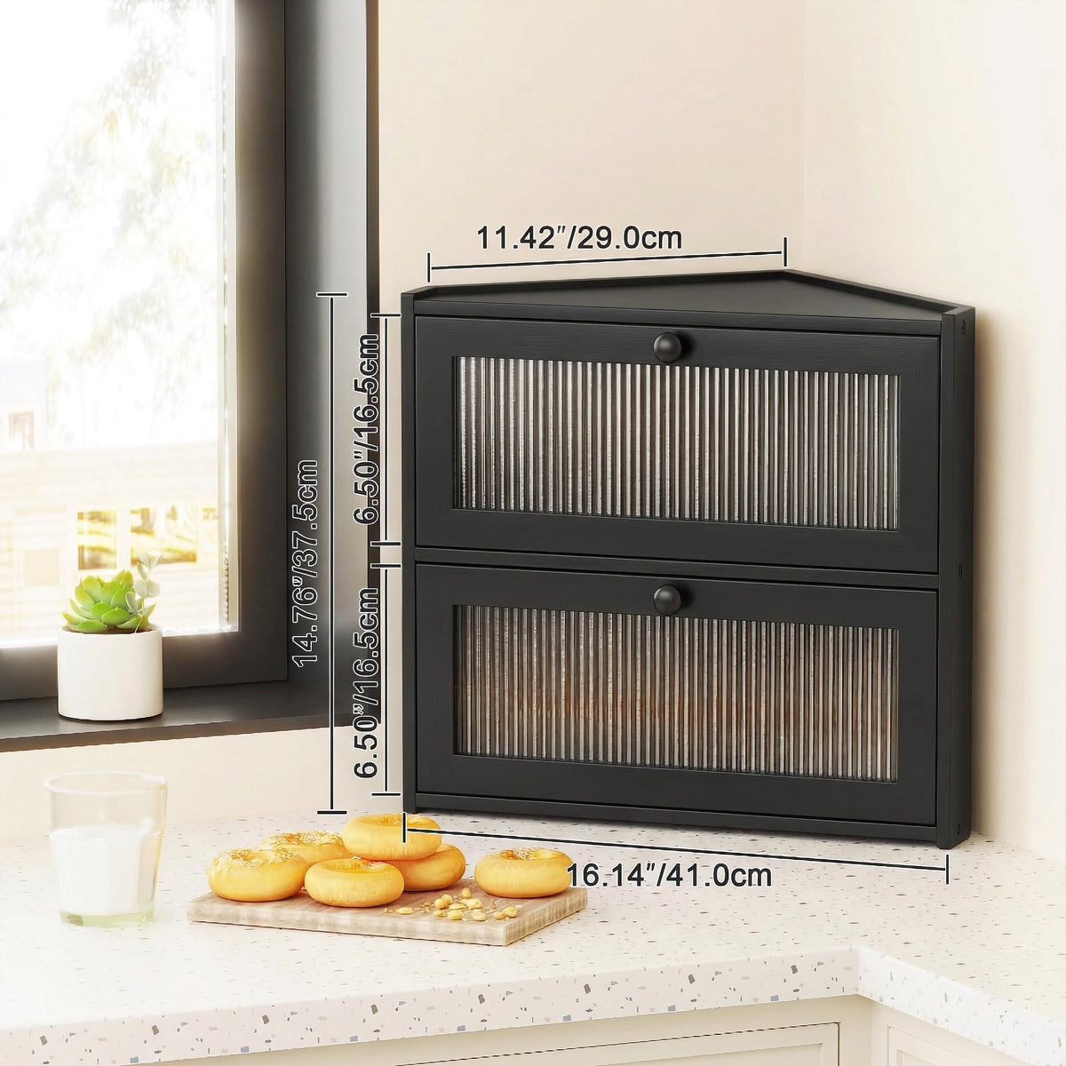 Double Layer Bamboo Bread Box with Wavy Windows F901