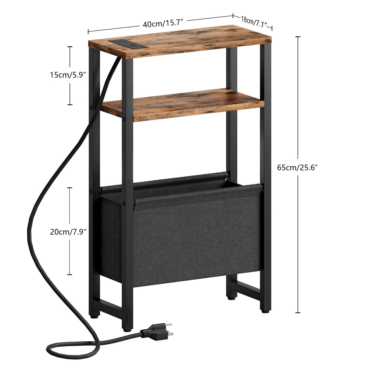 Narrow 3 Tier Side Table with Charging Station and Magazine Rack V39296