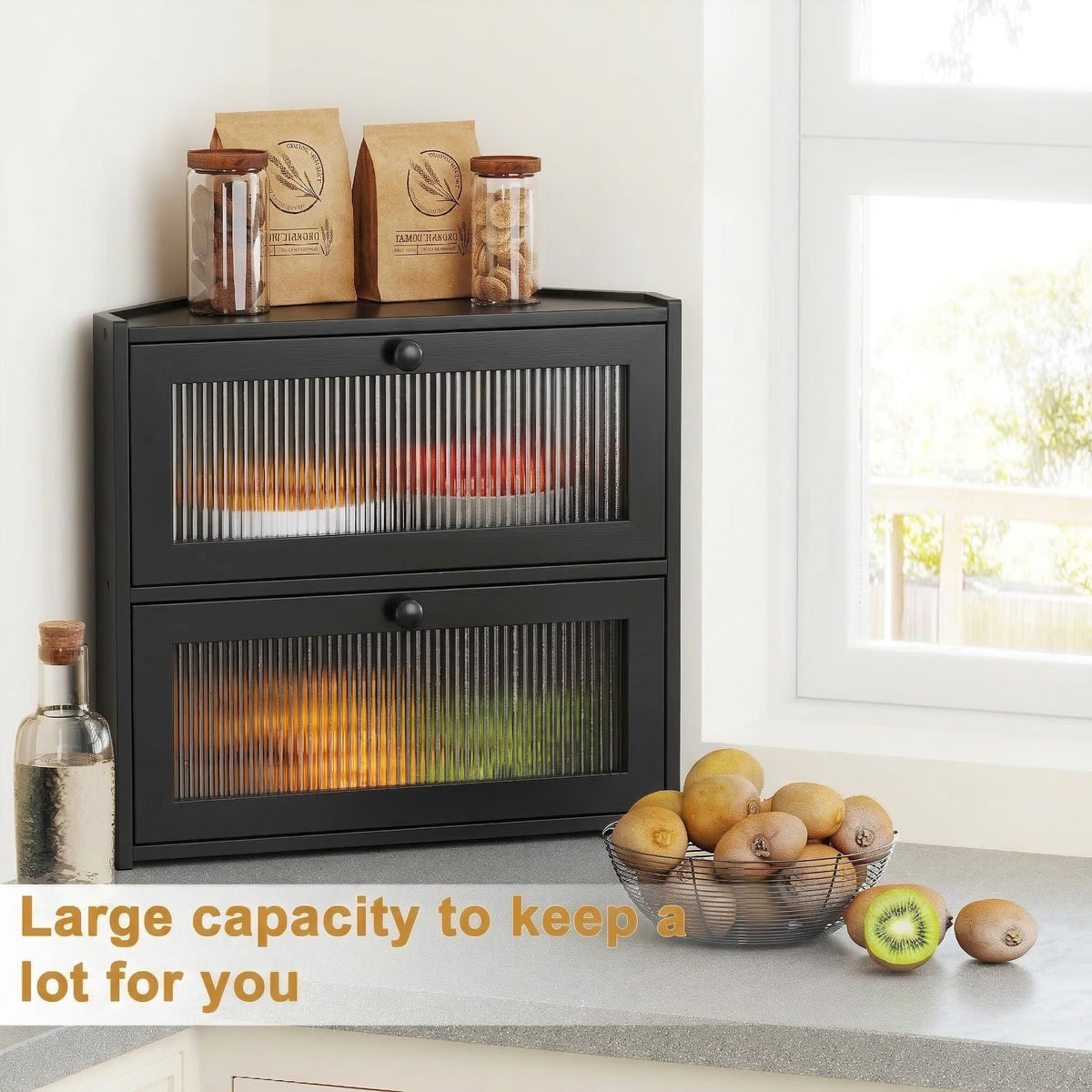 Double Layer Bamboo Bread Box with Wavy Windows F901