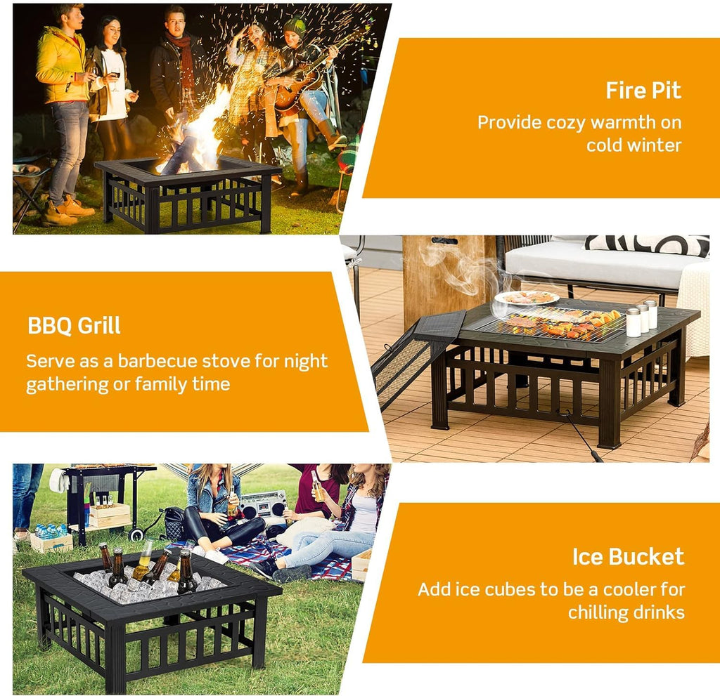 32 inch 3 in 1 Wood Burning Fire Pit Table with BBQ Grill X8328