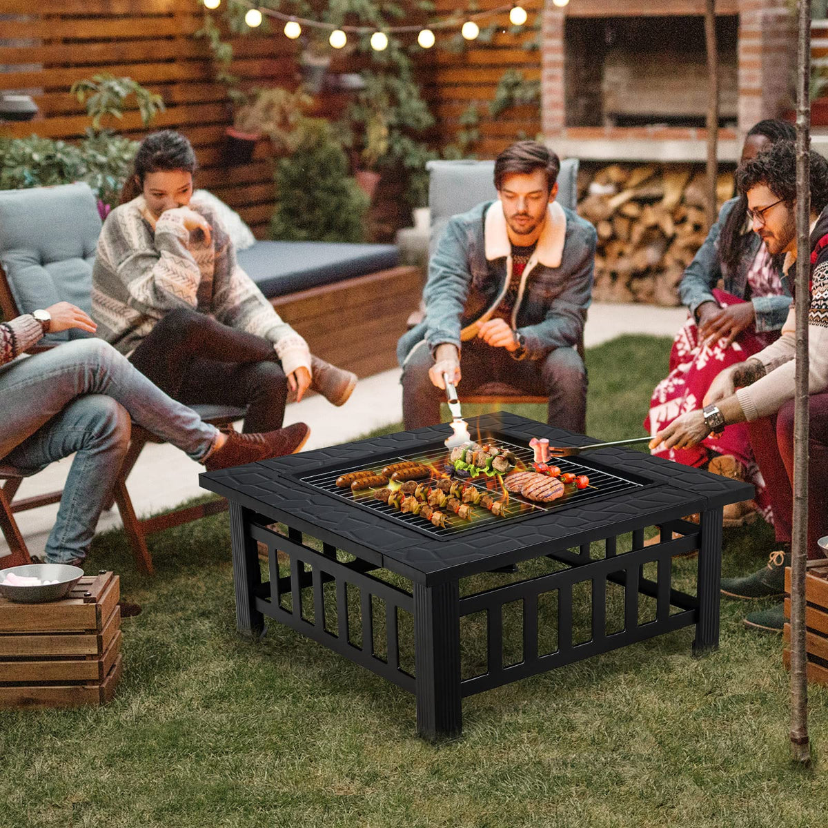 32 inch 3 in 1 Wood Burning Fire Pit Table with BBQ Grill X8328