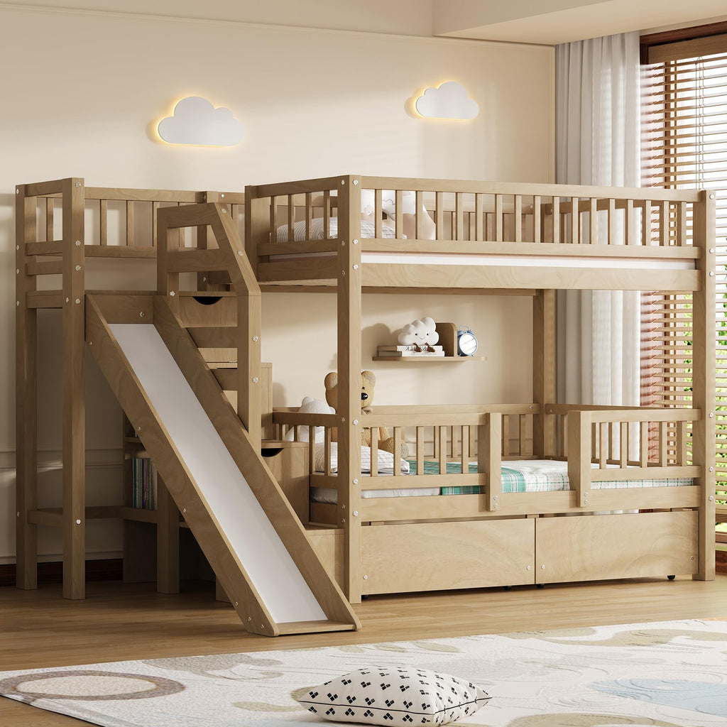 Twin Over Twin Bunk Bed with Slide and Storage Drawers U418513