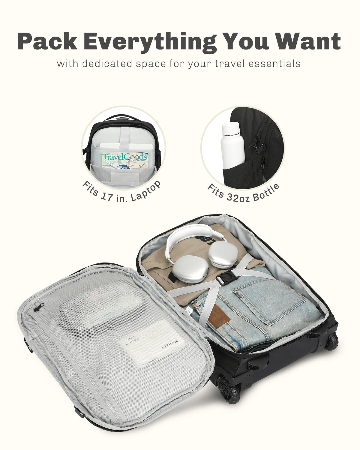 Rolling Backpack with Wheels 43L with Waist Pack Black F785264
