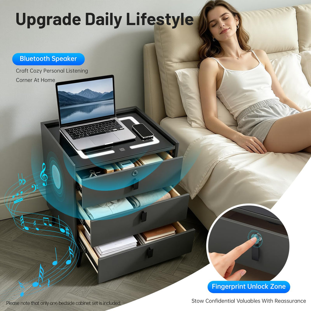 Smart LED Nightstand with Wireless Charging and Fingerprint Lock W43618
