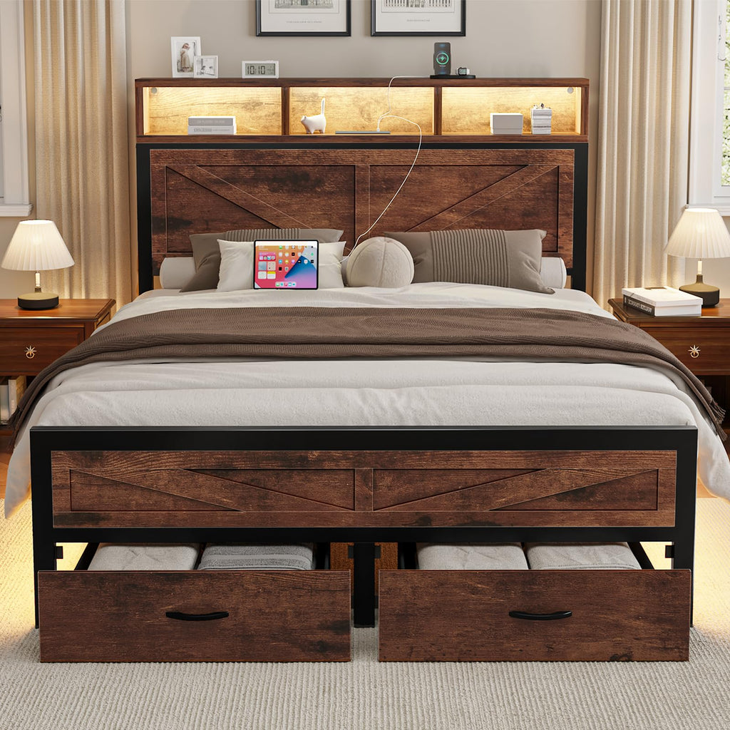 King Size Bed Frame with Storage Drawers and Charging Station Y301219