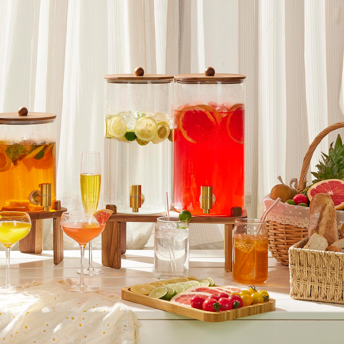 2pcs 1.5 Gallon Glass Drink Dispenser with Wood Stand O50280
