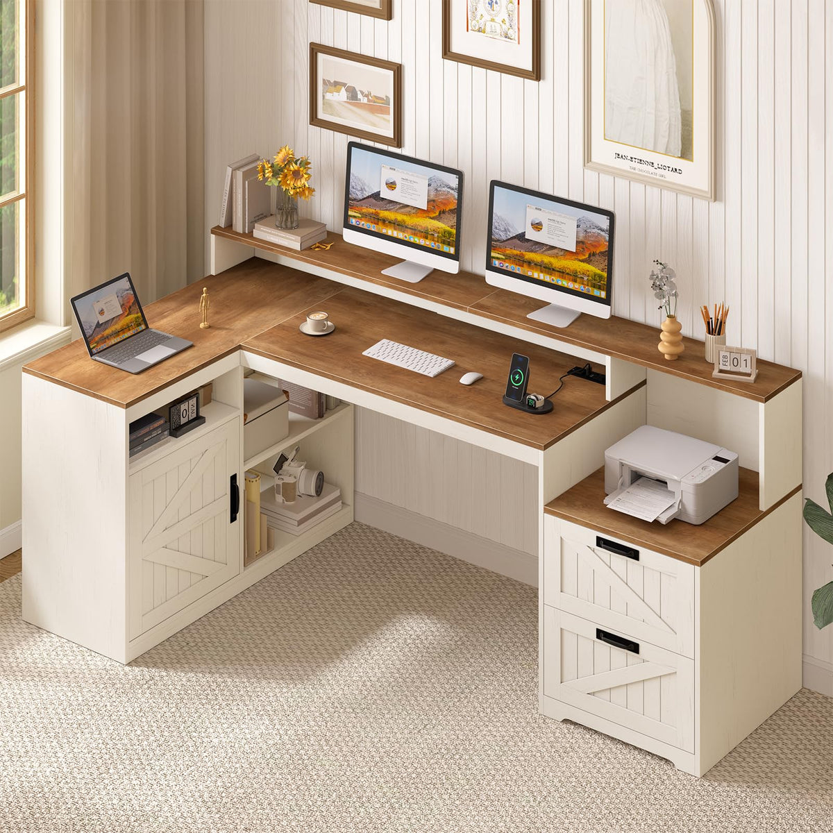 63" L Shaped Desk with Drawers and Printer Stand L662
