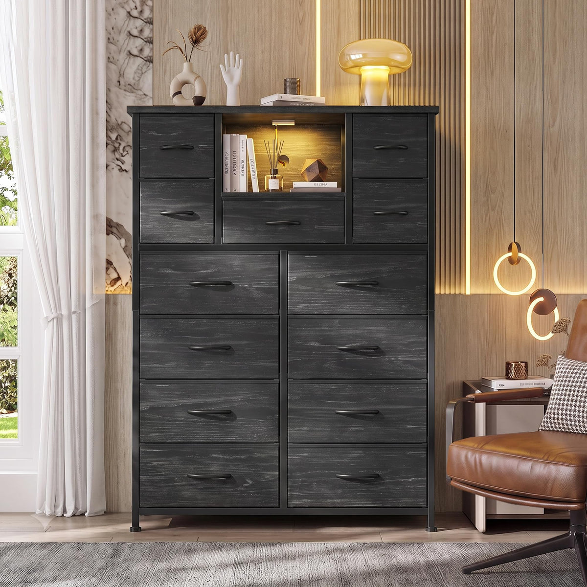 Black 13 Drawer Dresser with Charge Station and LED Light Z371416