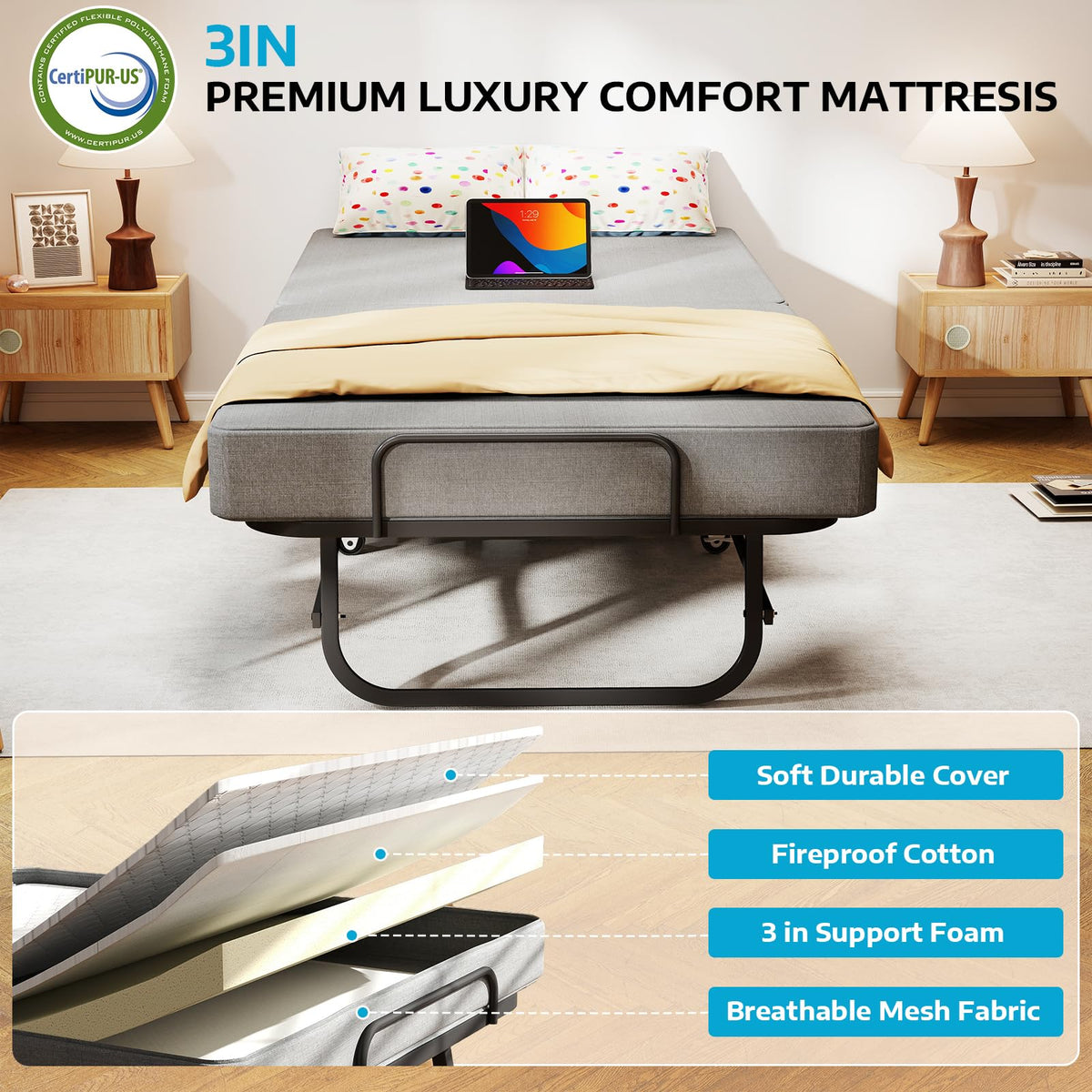 Folding Bed with Mattress on Wheels J672