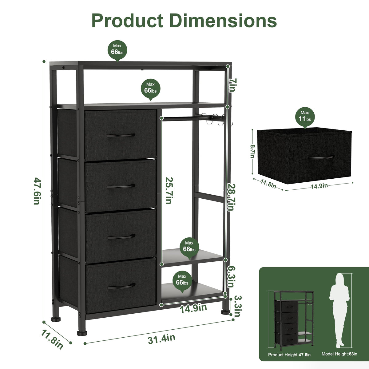 31.5" Dresser with Hanging Rack U1626