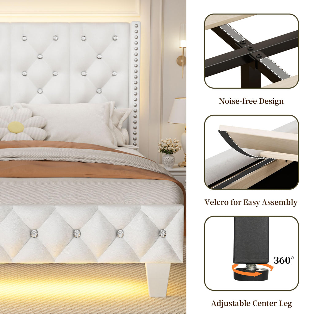 White Upholstered Full Size Bed Frame with Headboard M884