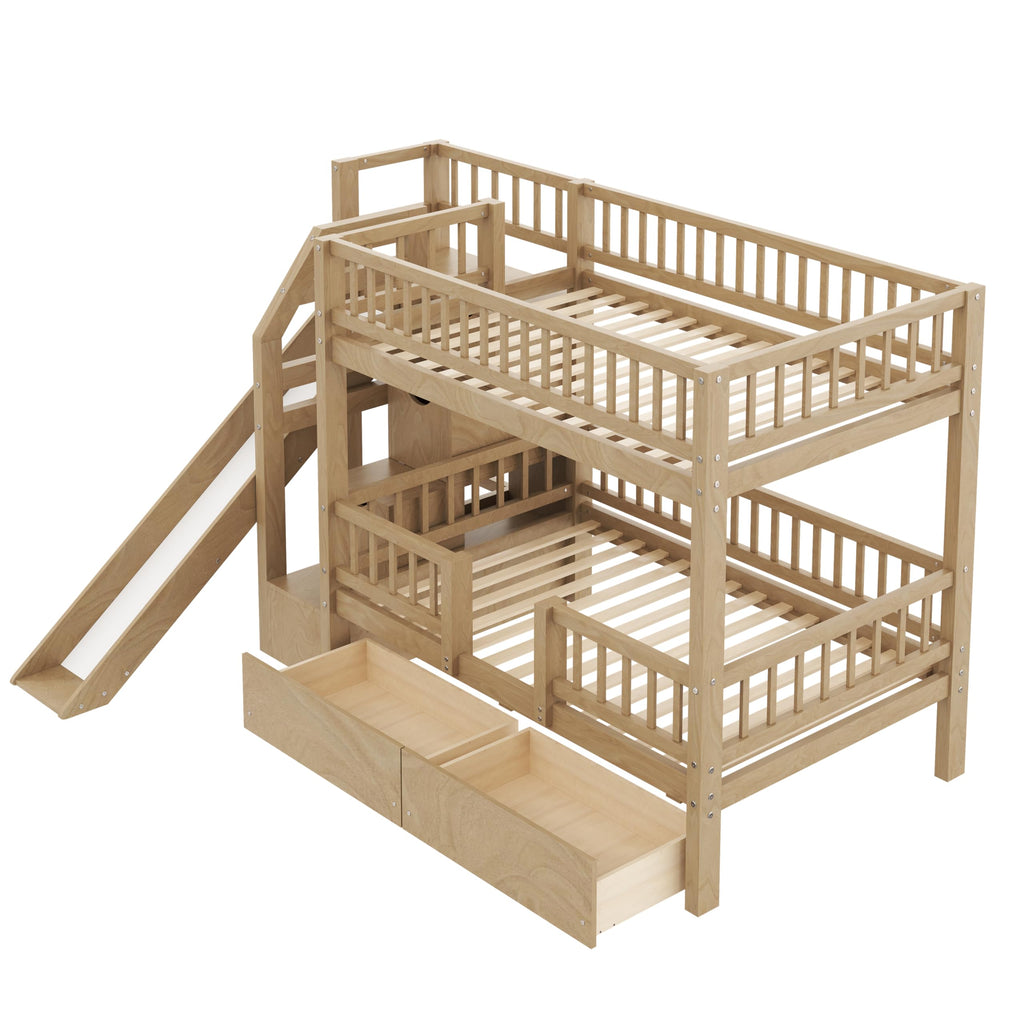 Twin Over Twin Bunk Bed with Slide and Storage Drawers U418513