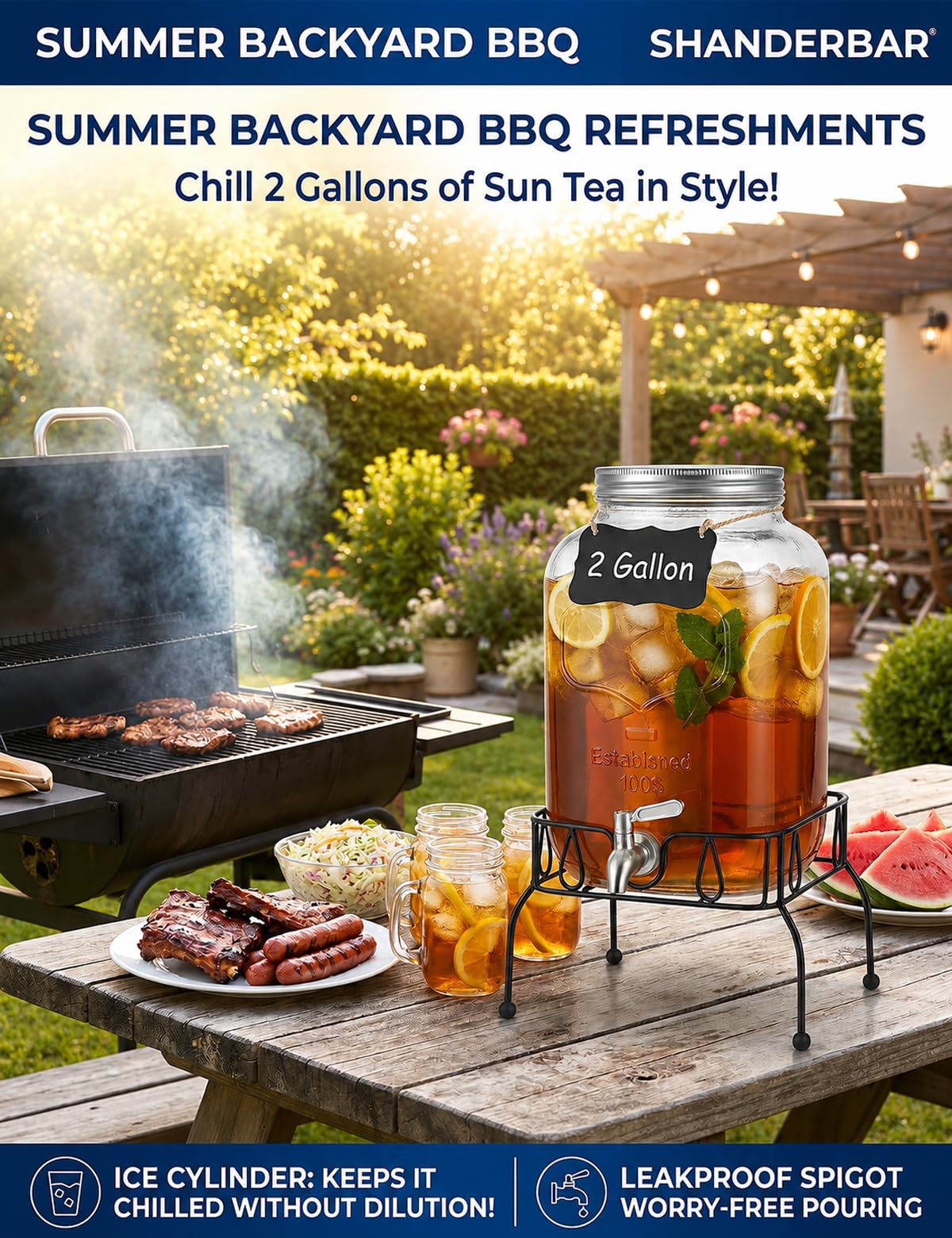 2 Gallon Glass Drink Dispenser with Stand and Lid T447398