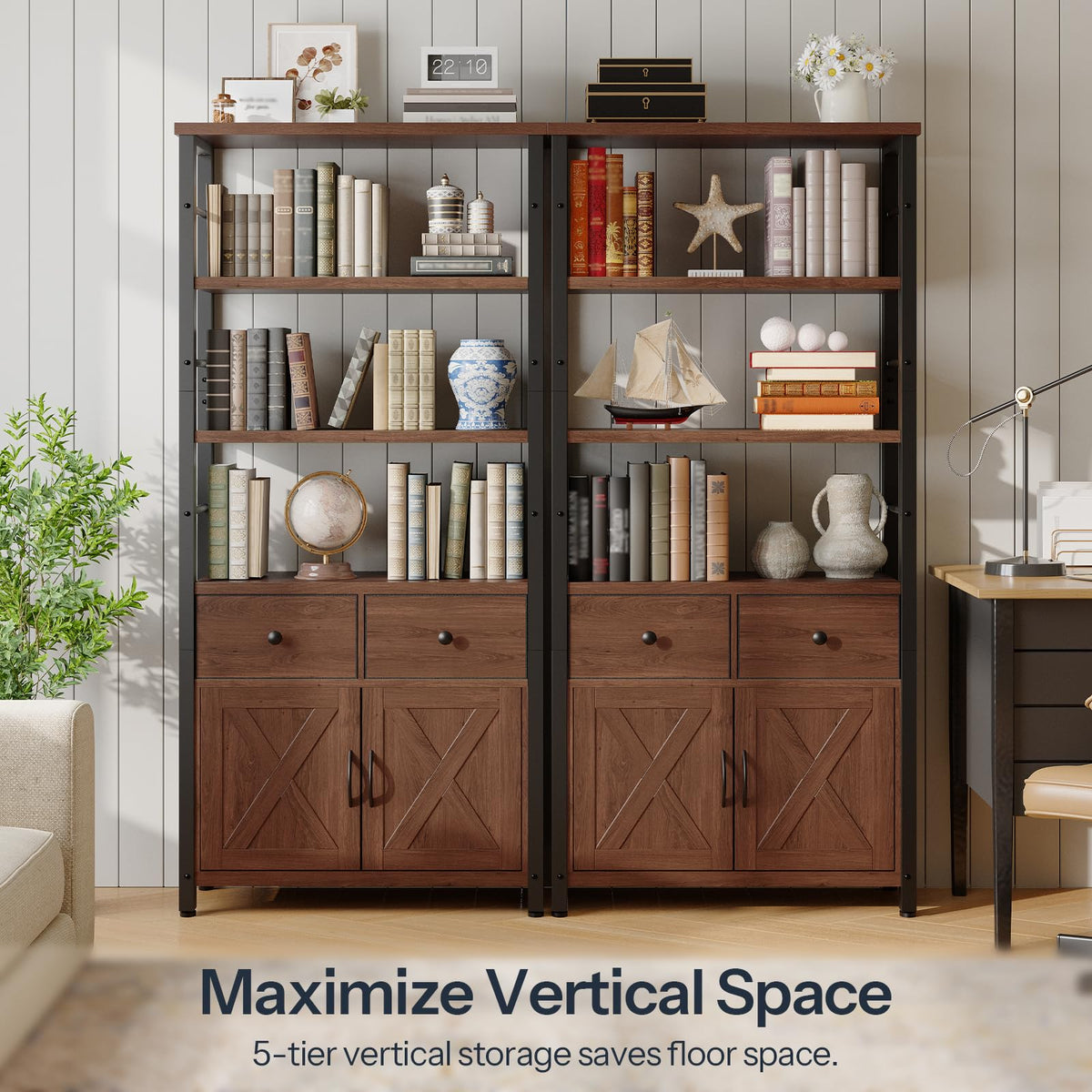 Wooden and Metal Bookshelf with Doors and Drawers H453709