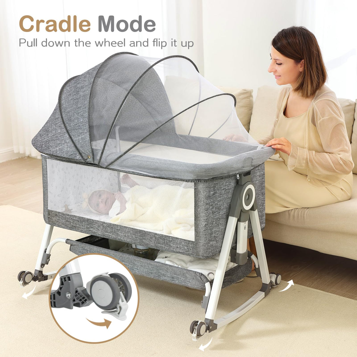 Portable Bedside Bassinet with Waterproof Mattress, Grey Q15811