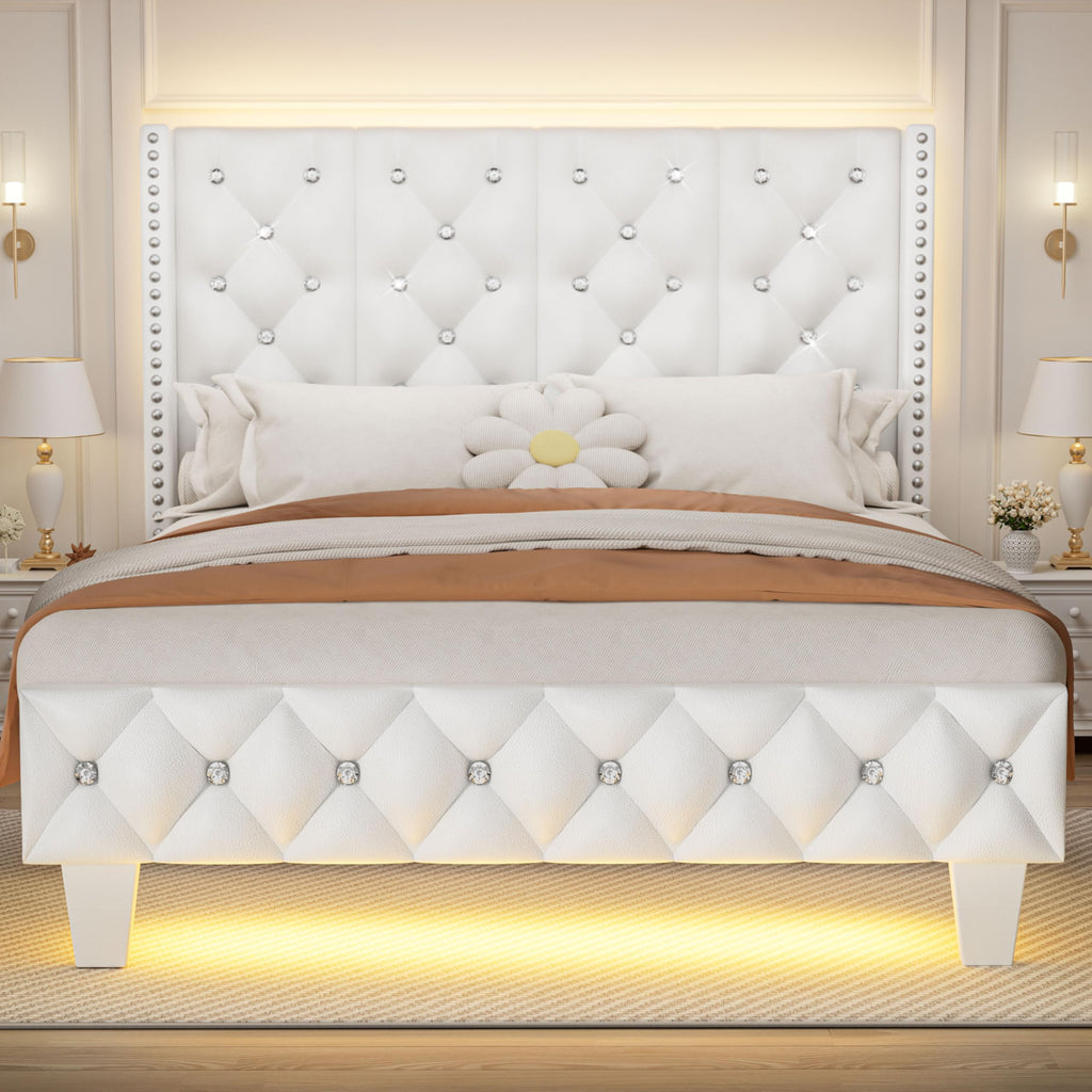 White Upholstered Full Size Bed Frame with Headboard M884
