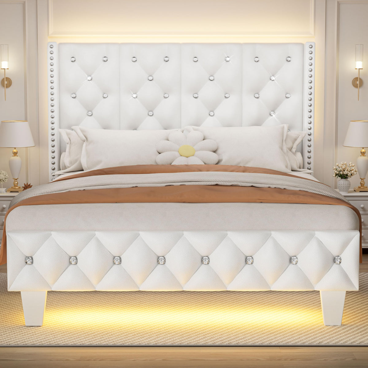 White Upholstered Full Size Bed Frame with Headboard M884