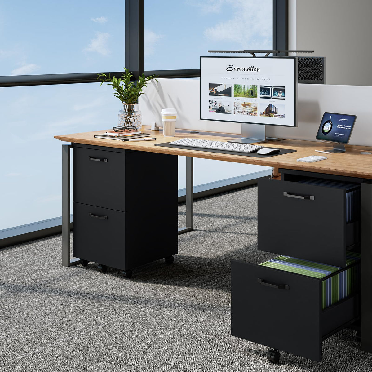 Black 2 Drawer Rolling Wood Filing Cabinet Q6877