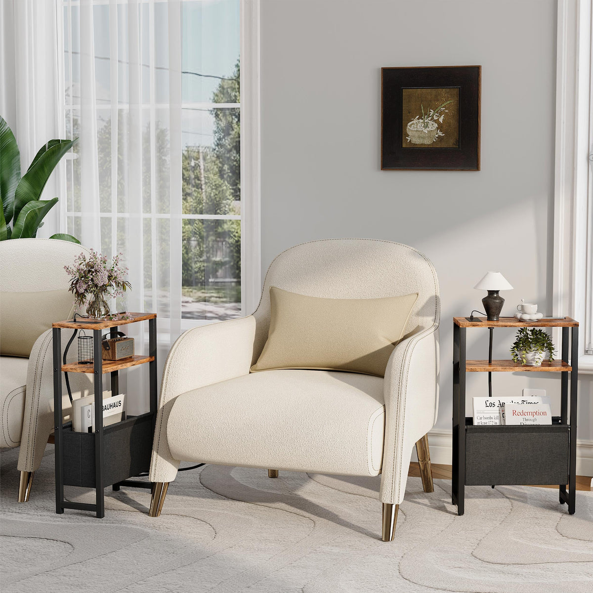 Narrow 3 Tier Side Table with Charging Station and Magazine Rack V39296